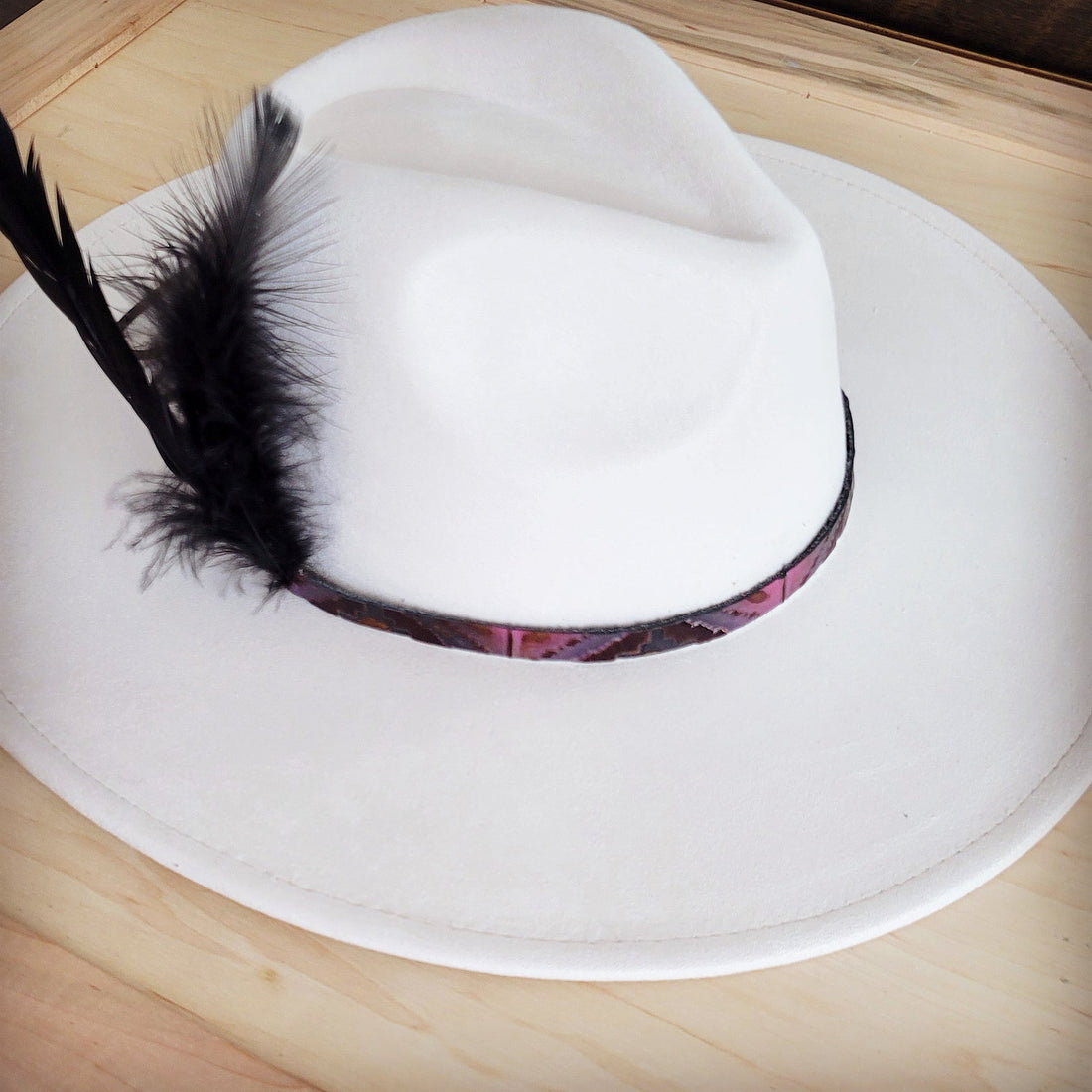 Magenta Navajo Print Leather Hat Band with Black Feathers - Image 6