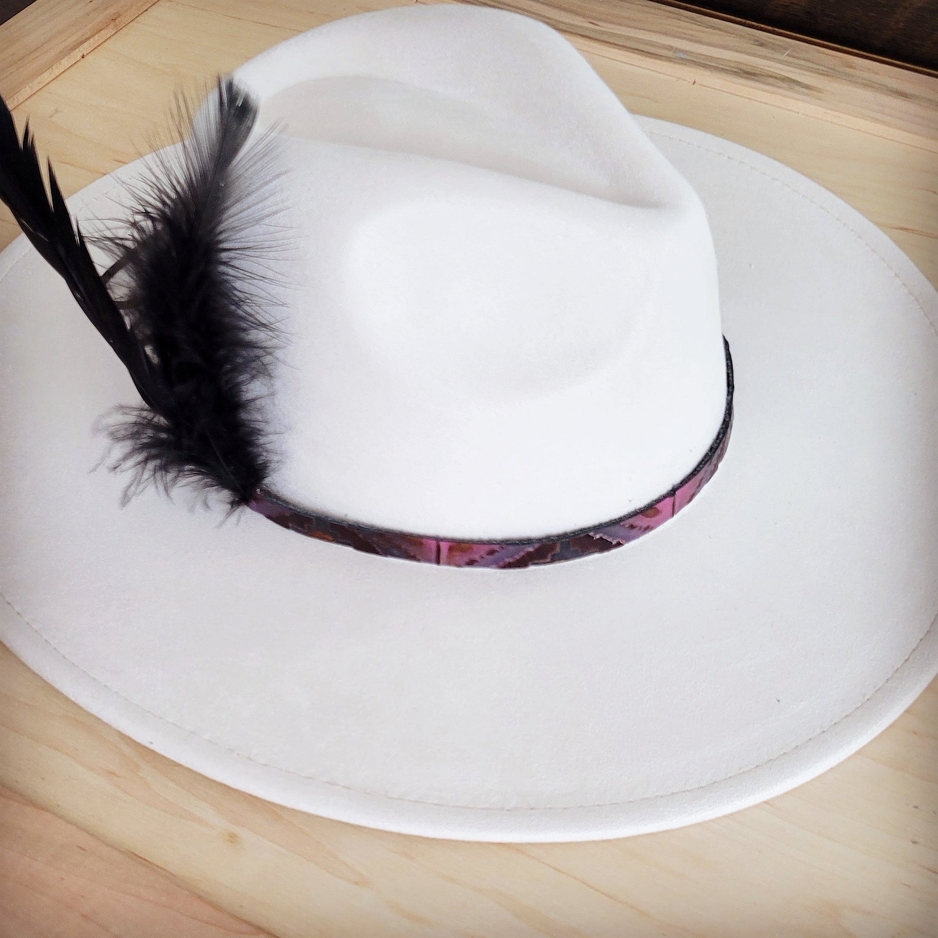Magenta Navajo Print Leather Hat Band with Black Feathers - Image 6