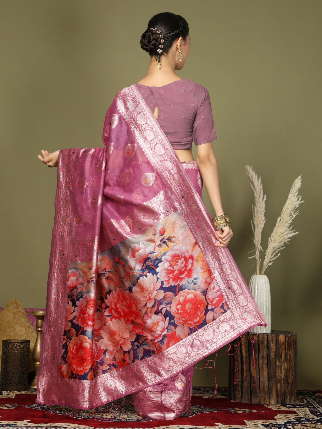 Elegant Pink Linen Cotton Saree with Matching Blouse Piece