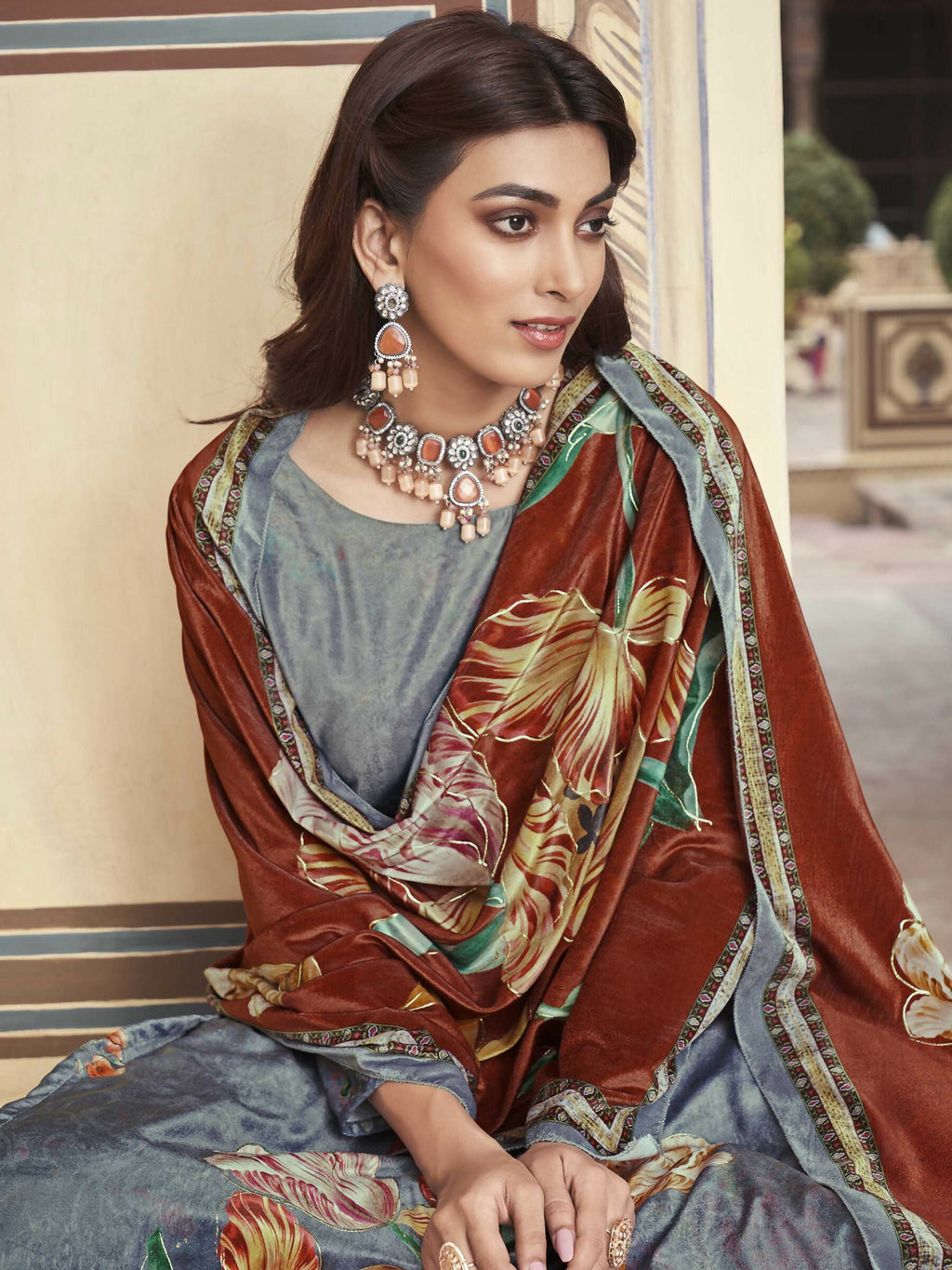 Jyoti Fashion Women's Grey Velvet Floral Digital Printed Kurta with Trouser & Dupatta