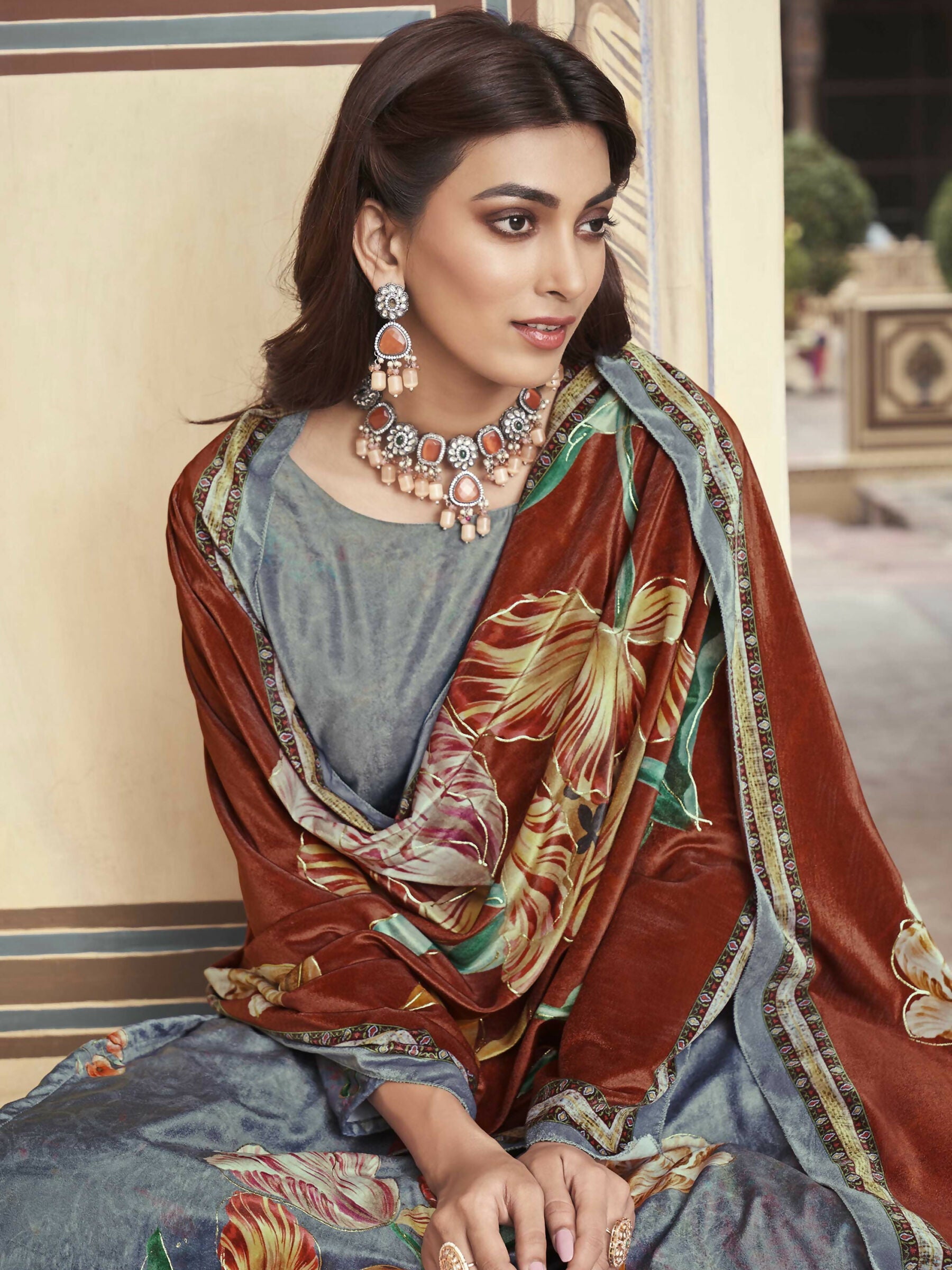 Jyoti Fashion Women's Grey Velvet Floral Digital Printed Kurta with Trouser & Dupatta