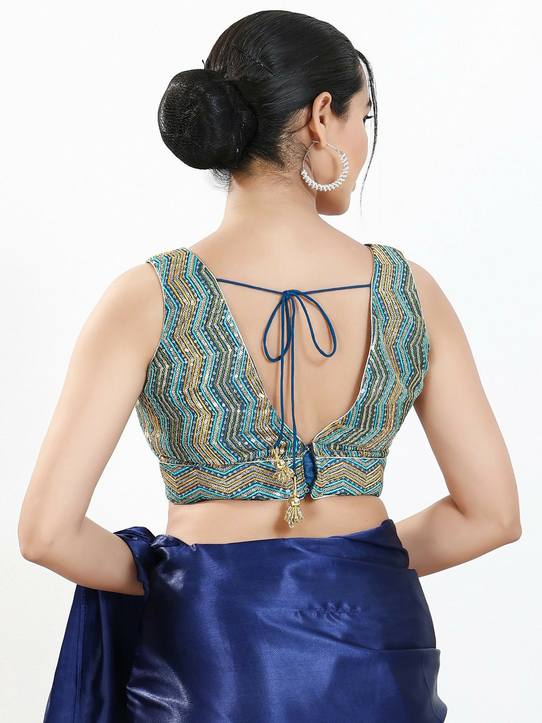 Blue Multi Silk Padded Blouse with V-Neck and Sleeveless Design
