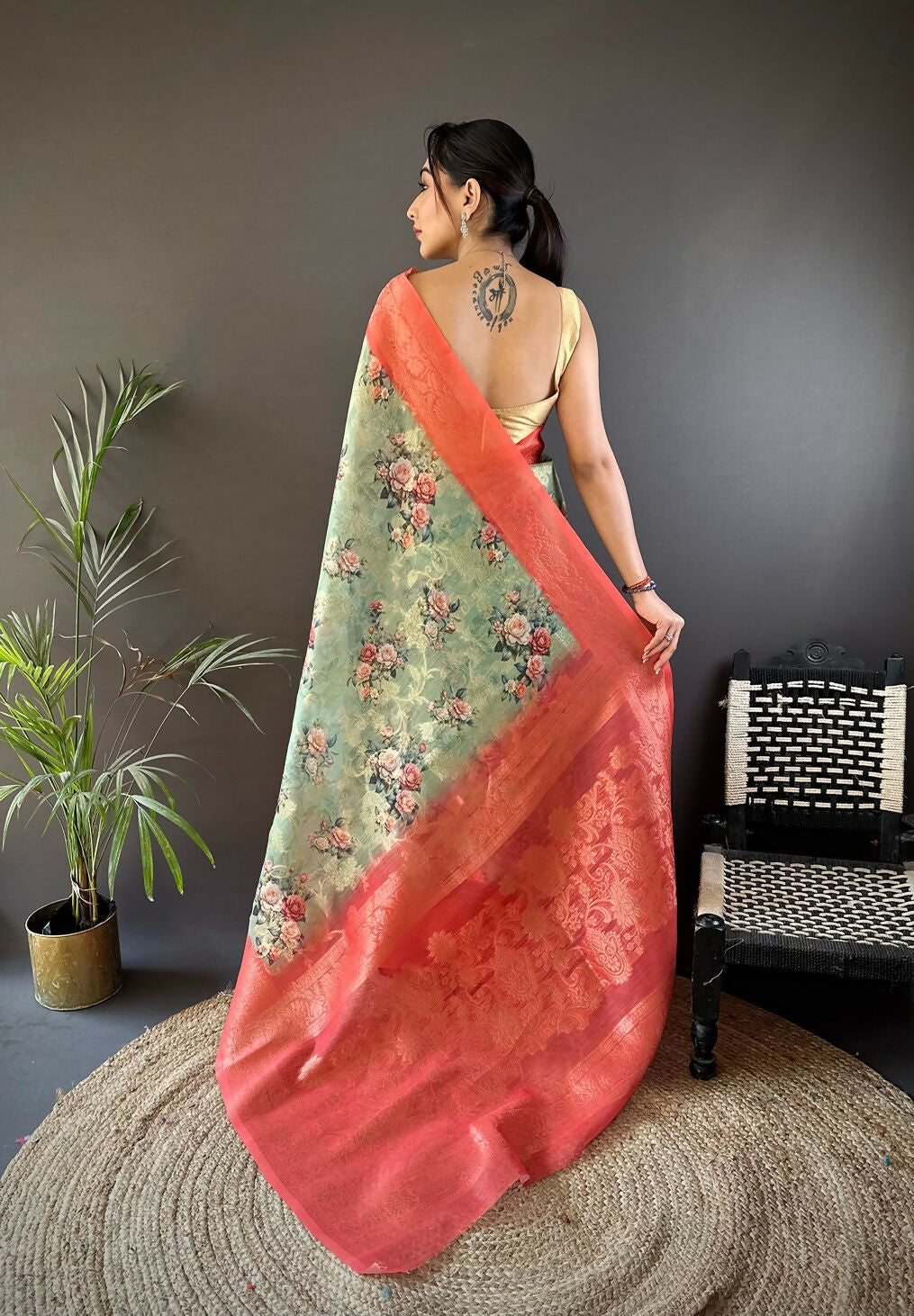 Brick Red Floral Motif Banarasi Soft Silk Saree for Women
