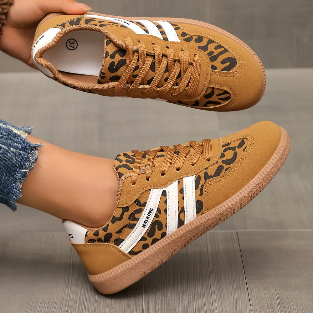 Leopard Print Round Toe Lace-Up Sneakers - Casual PU Flats
