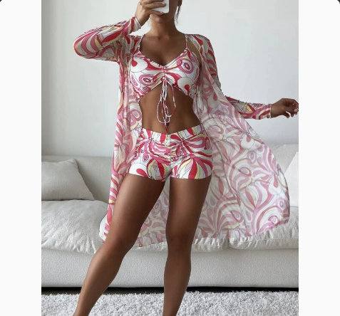 Three-Piece Bikini Set with Sheer Mesh Cover-Up and Briefs