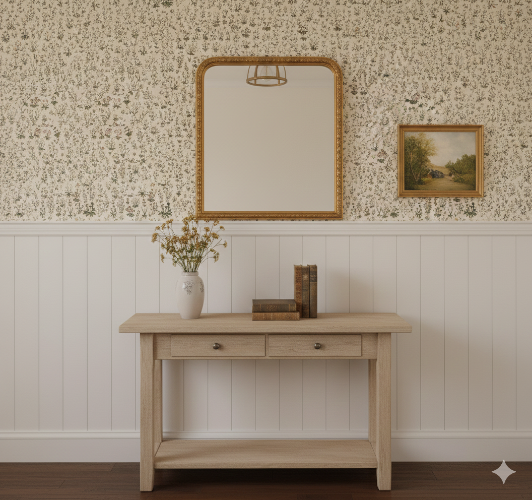 Evelyn Floral Wallpaper in Muted Beige and Green Vintage Style