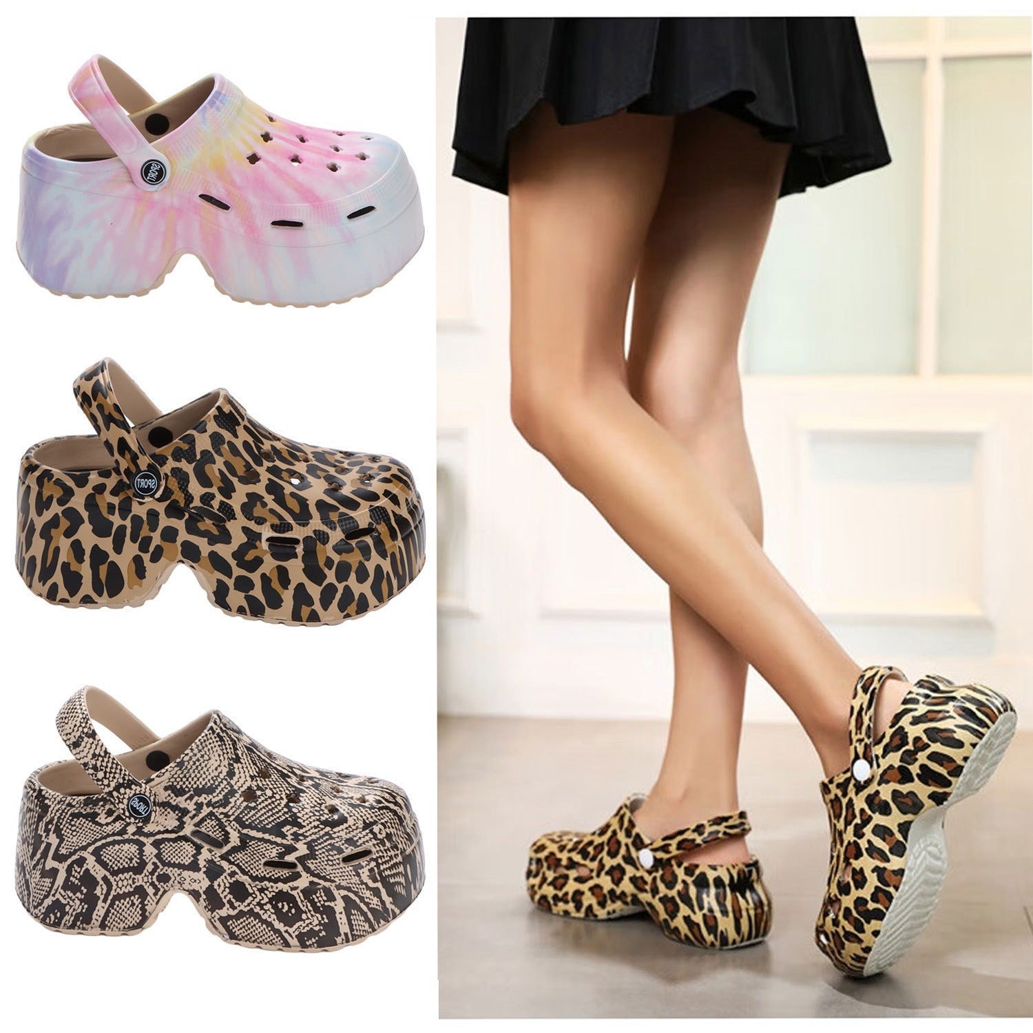 Pair of women's leopard print platform clogs with an adjustable heel strap, shown on a model's feet and as a standalone product shot, alongside tie-dye and snake print variants.