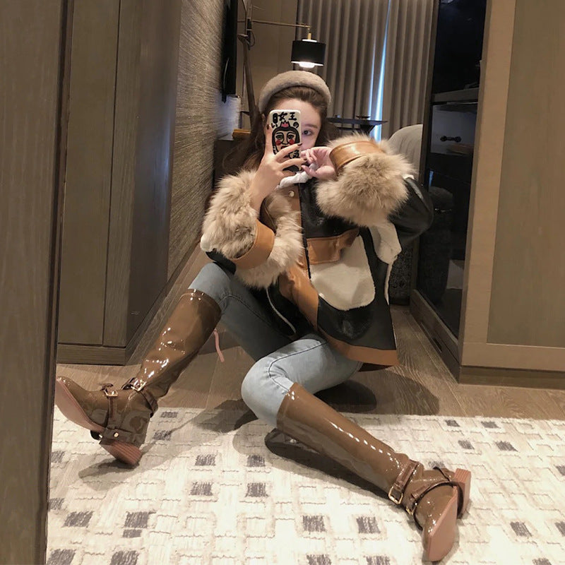 Women's Vintage Faux Leather & Fur Color Block Harajuku Jacket - Image 2