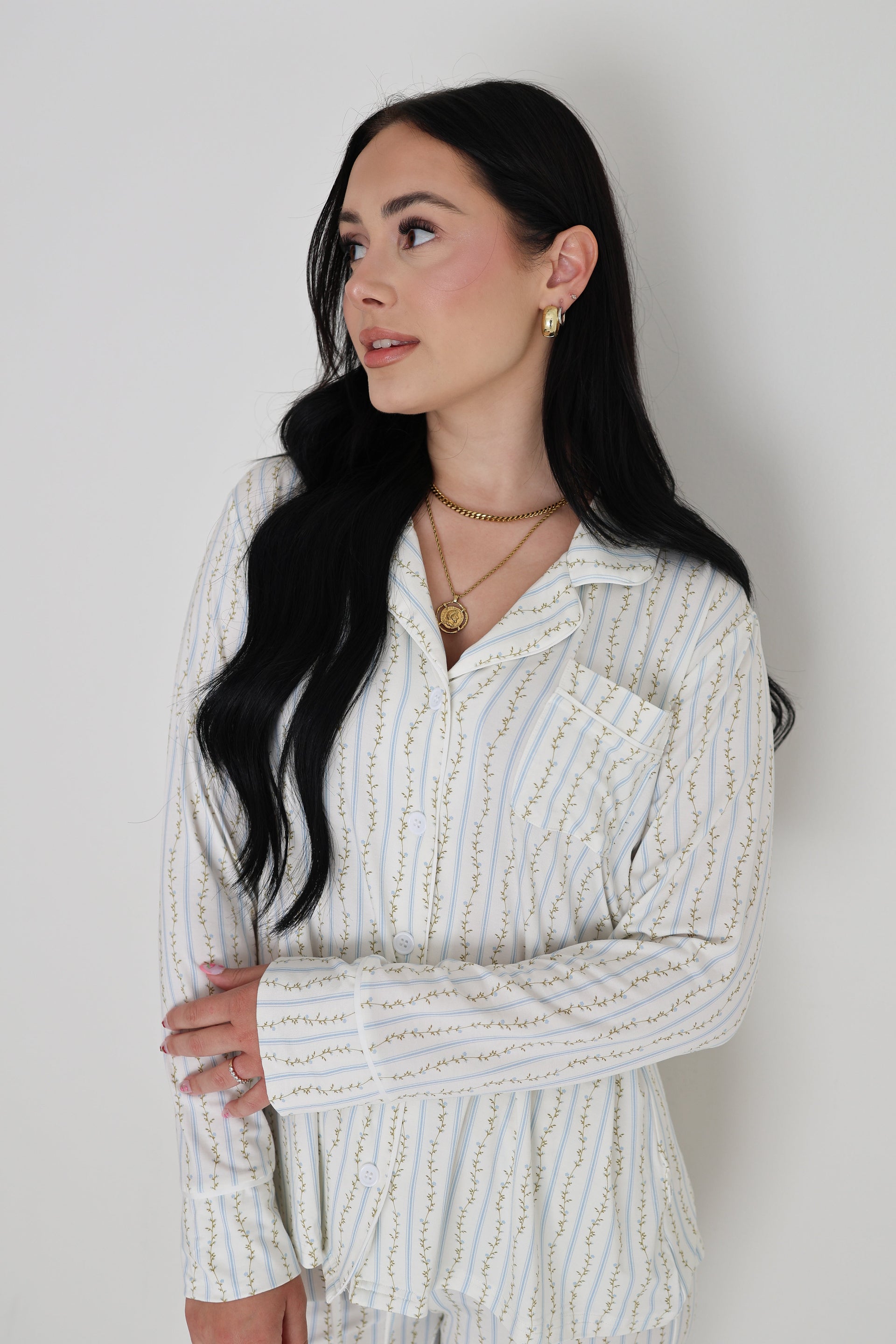 Women's Bamboo Button Up Lounge Set in Dainty Vines Print