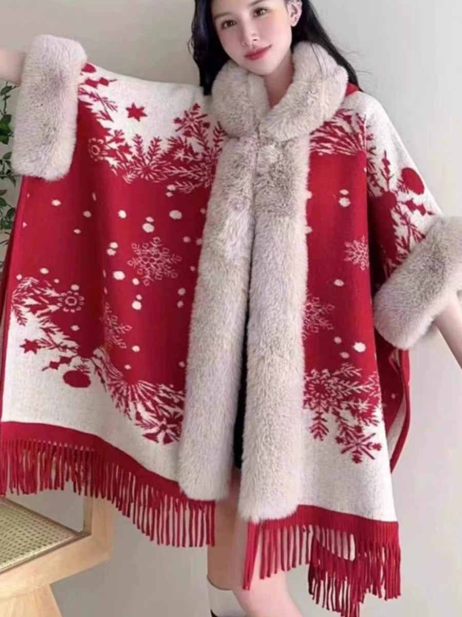 Women's Knitted Hooded Poncho with Fur Trim & Tassels for Winter