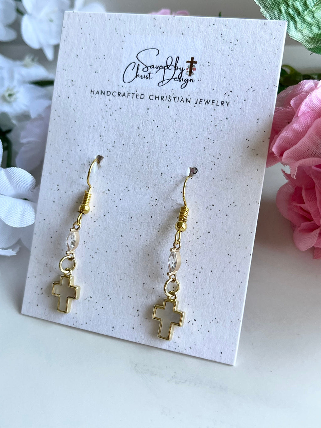Mother of Pearl Gold Cross Earrings – Christian Faith Jewelry for Women