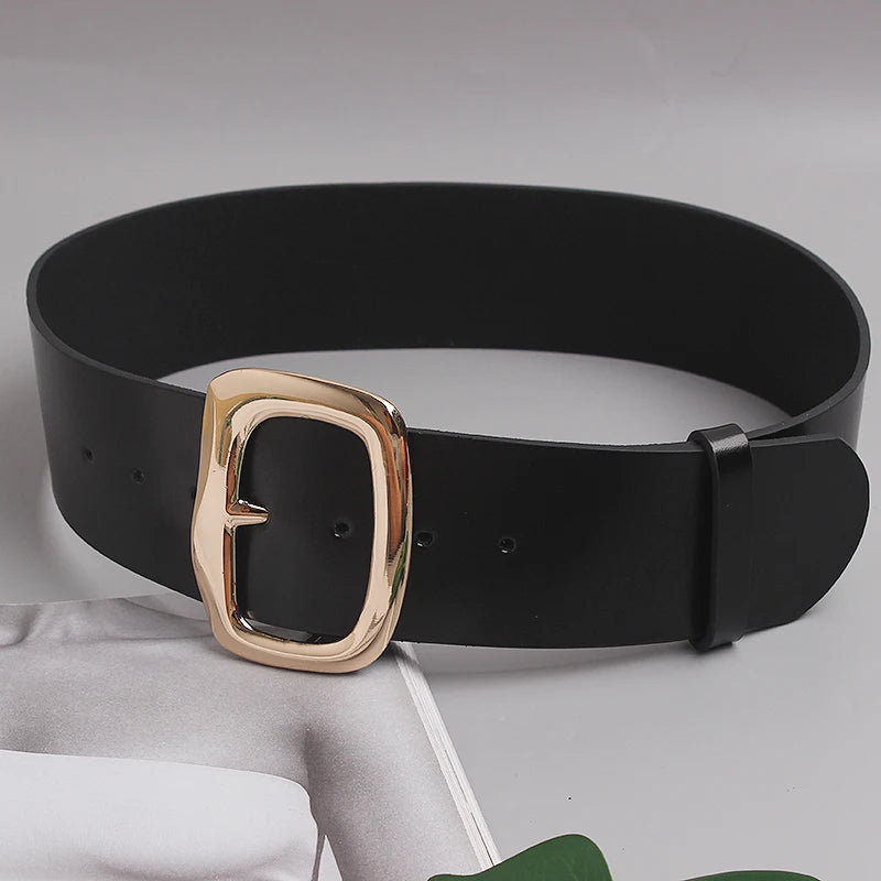 Wide Black Cowhide Waist Belt with Gold Buckle for Women - Image 3