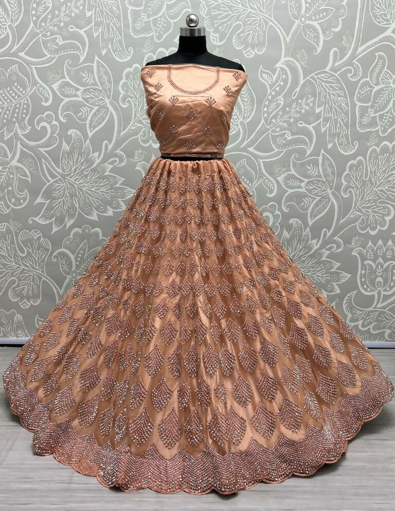 Peach Bridal Net Lehenga Choli with Zircon and Dori Work