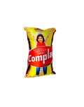 A Complan-themed novelty decorative throw pillow in bright yellow and red.