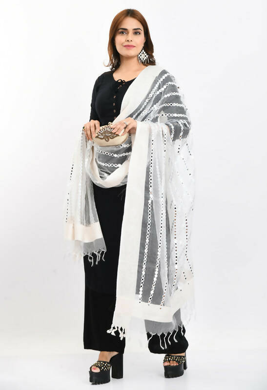 White Organza Dupatta with Mirror Stripe and Thread Work
