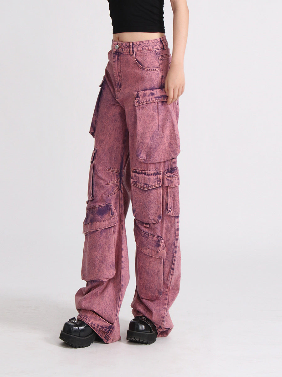 Women's Pink Acid Wash High Waist Wide Leg Patchwork Cargo Jeans - Image 4