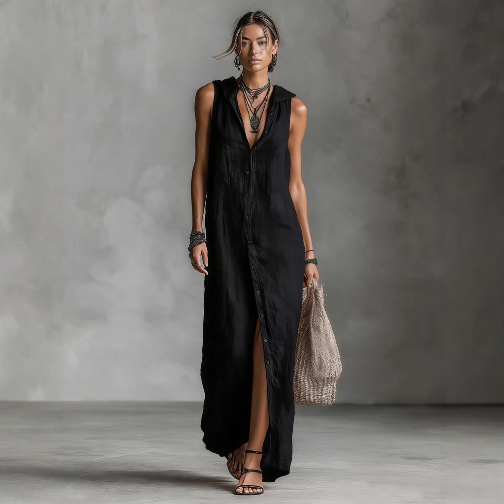 Women's Sleeveless Button-Down Hooded Maxi Dress - Image 5