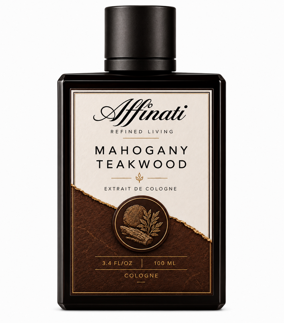 A premium glass bottle of Mahogany Teakwood Extrait de Cologne featuring a minimalist design.