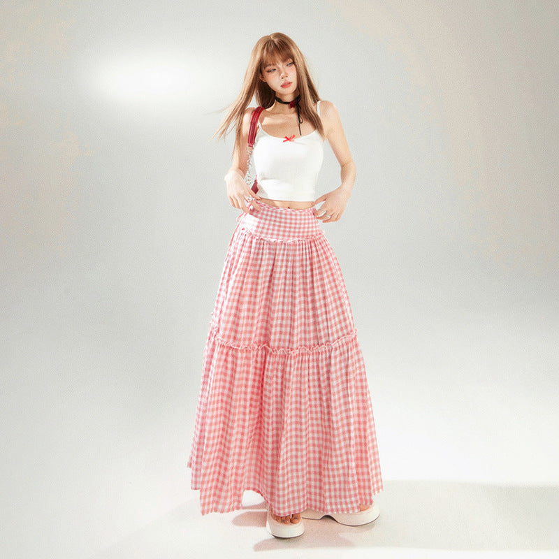 Women's Pink Plaid Tiered A-Line Maxi Skirt Harajuku Style - Image 3