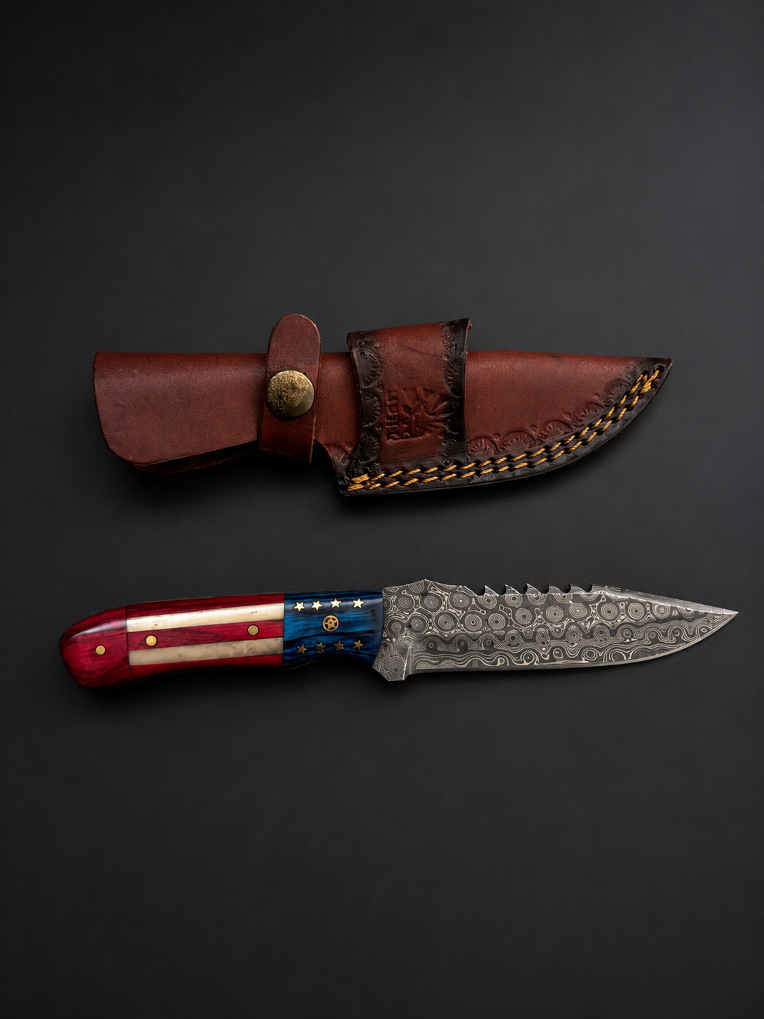 Limited edition Titan Stars & Steel Damascus folding knife with patriotic red, white, and blue handle.