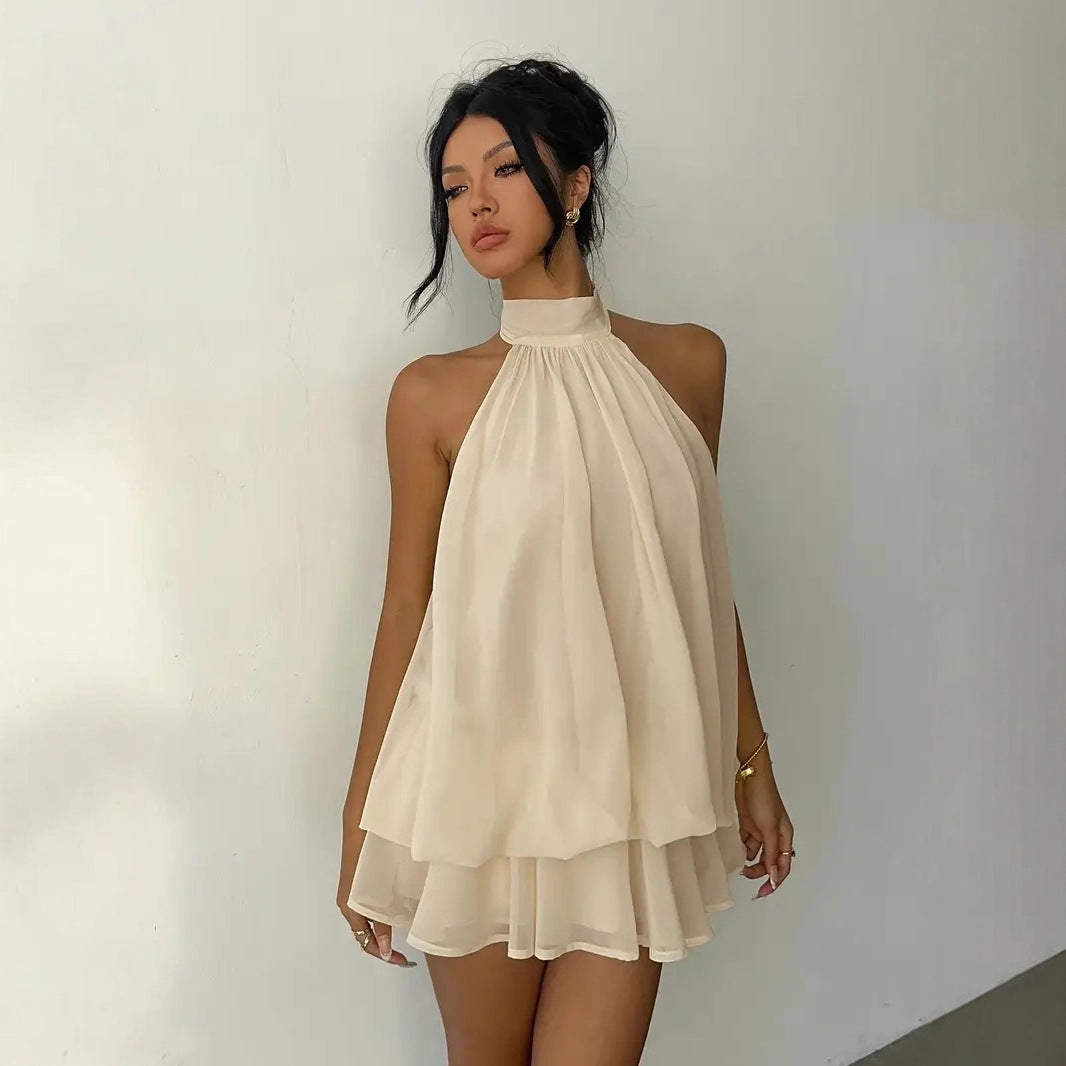 Backless Halter Neck High-Waist Mini Dress with Puffy Skirt