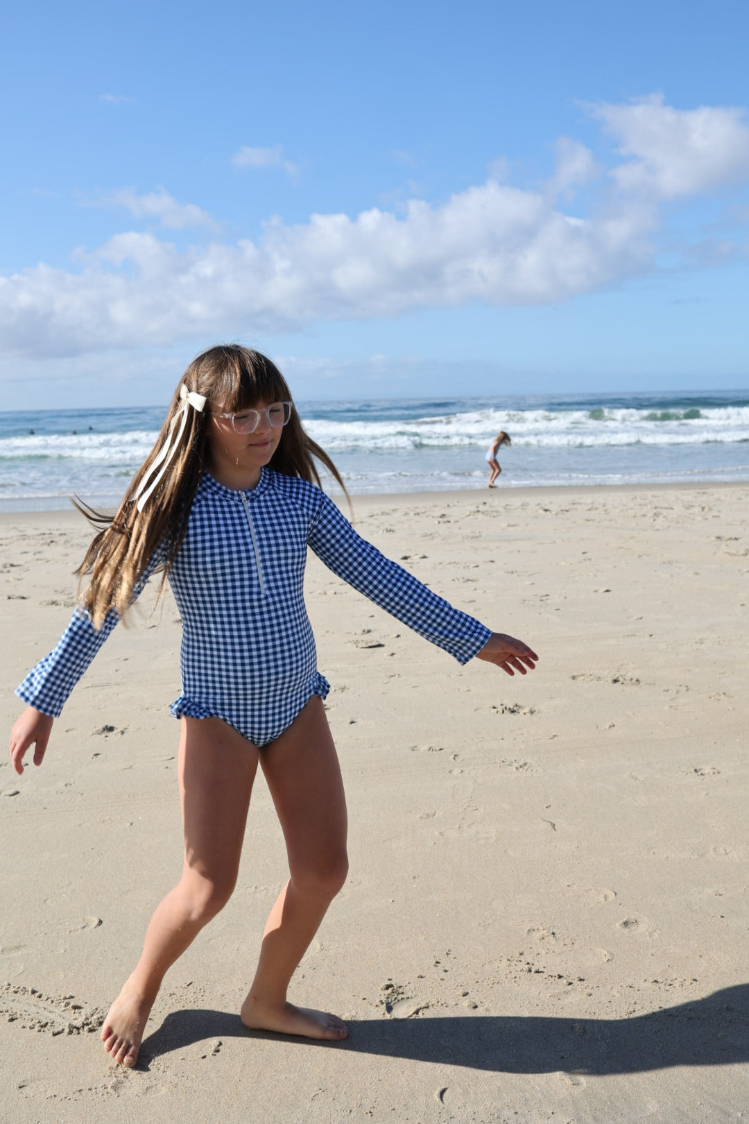 Girls Long Sleeve Swimsuit | Blue Gingham