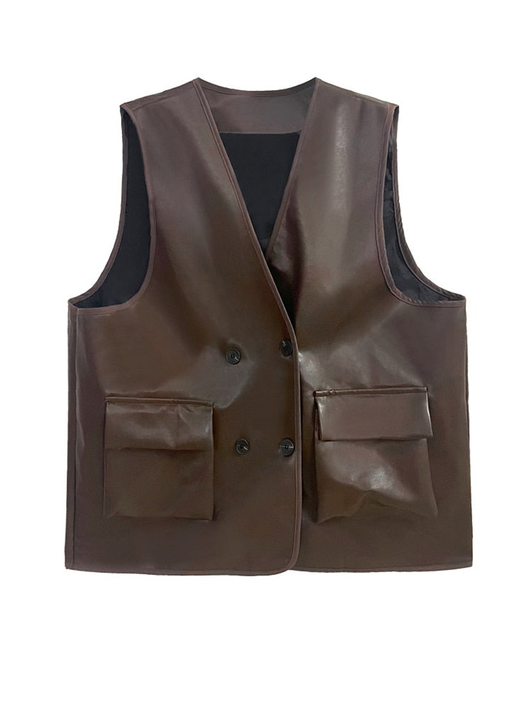 Women Coffee Color Leather Vest Oversized Loose Fit V-Collar - Image 5