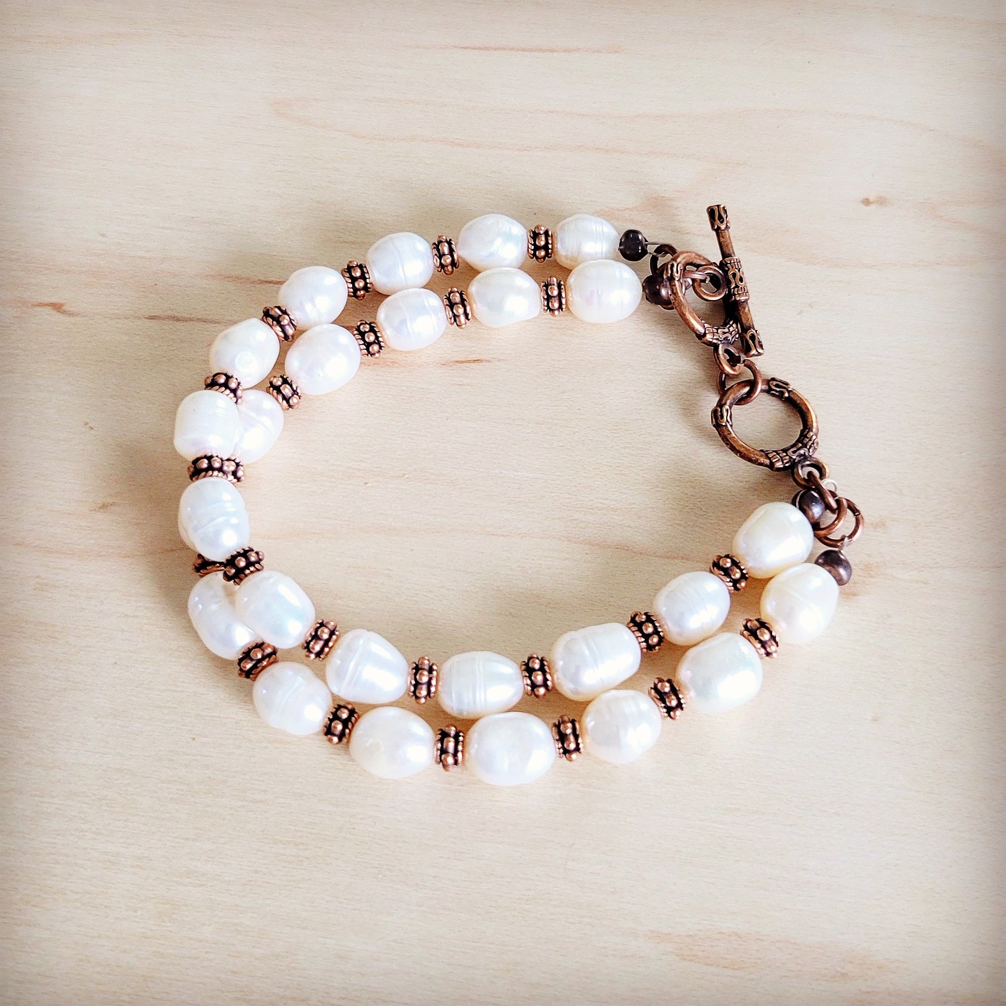 Freshwater Pearl & Copper Boho Beaded Double Strand Bracelet 811y