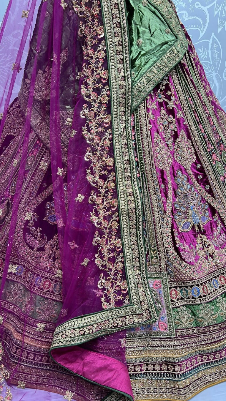 Purple Velvet Wedding Lehenga Choli with Zircon & Sequins Work
