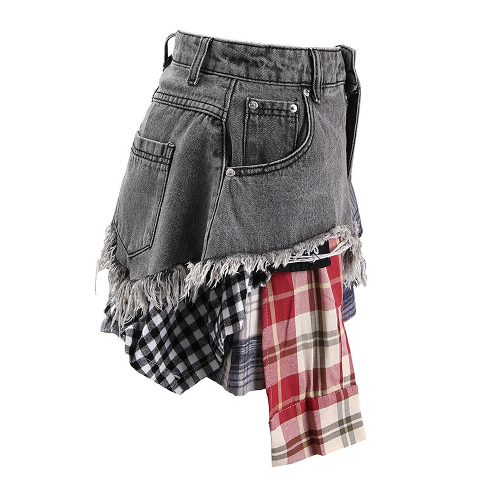 Women's Harajuku Irregular Plaid Denim Patchwork Mini Skirt - Image 7