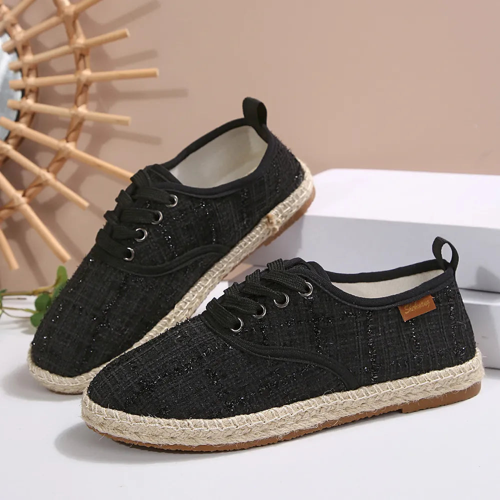 Tweed Lace-Up Round Toe Flat Sneakers Plaid Casual Shoes