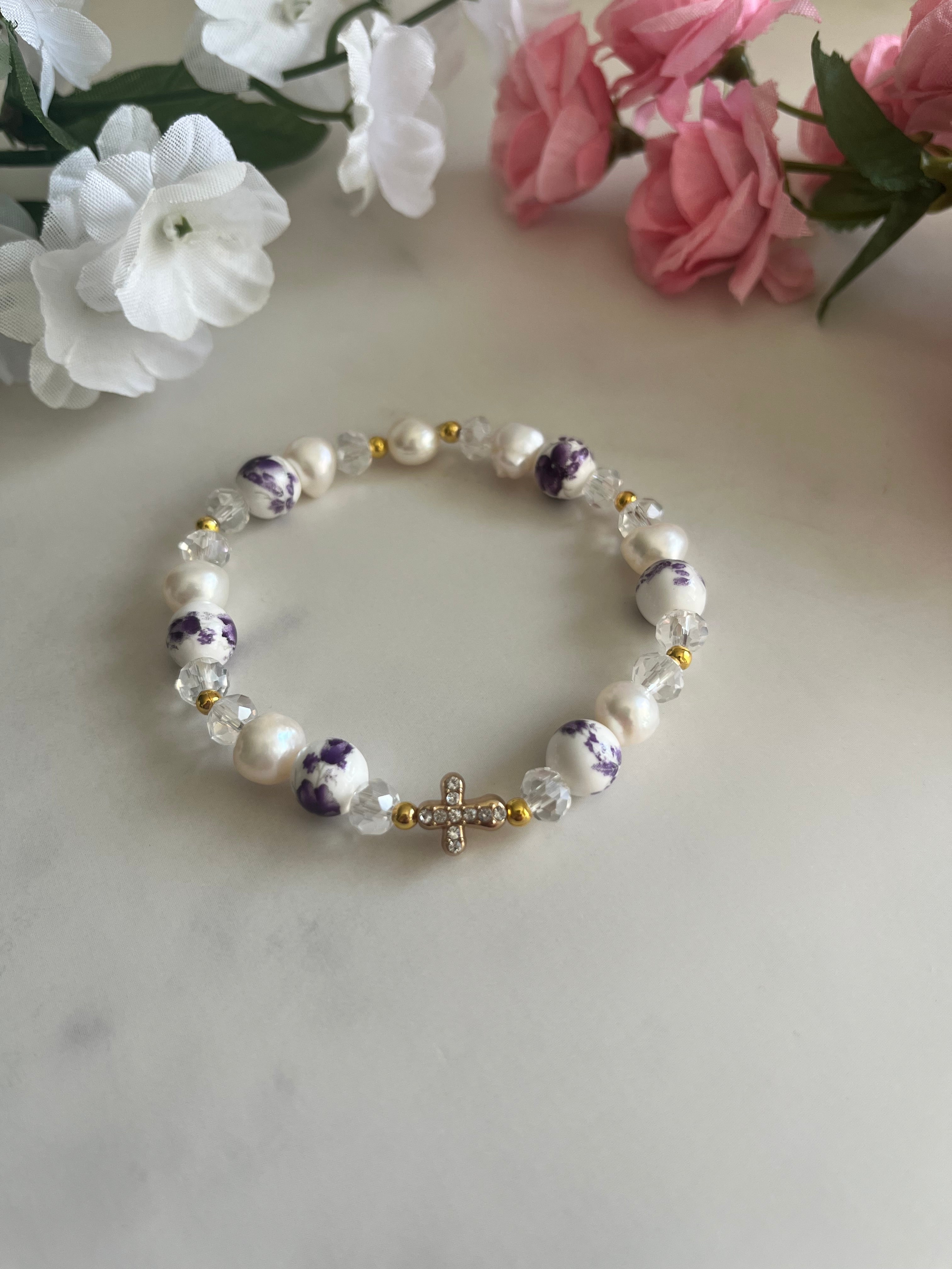 Freshwater Pearl Floral Cross Bead Bracelet Gold Accents