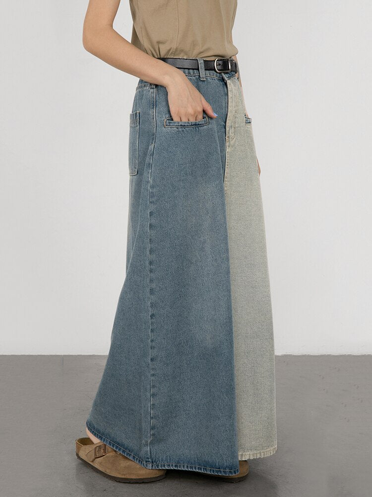 Women's Vintage Color Block Denim Maxi Skirt with Pockets