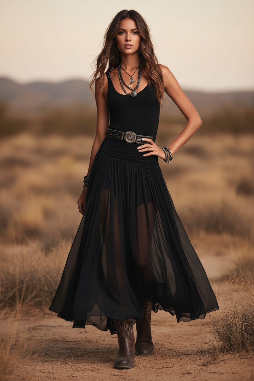 Woman wearing a black pleated chiffon V-neck maxi dress with mesh straps and a waist belt