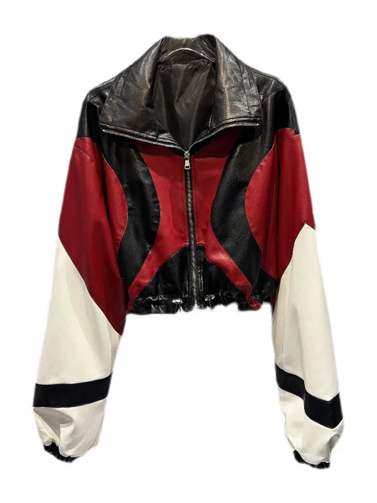 Women's Harajuku style contrast patchwork leather motorcycle jacket in red, black, and white with a zippered front and stand collar.
