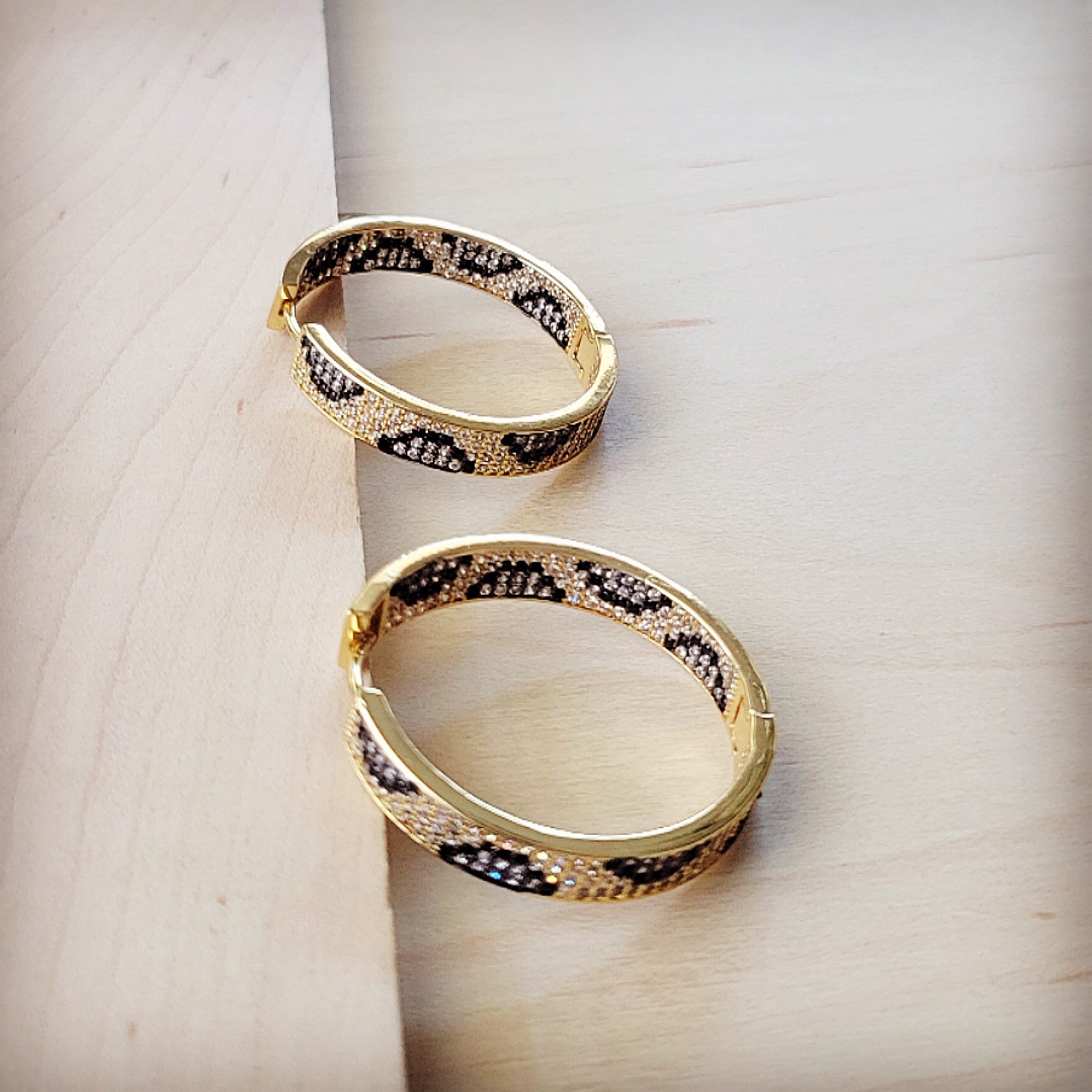 Spotted Leopard Pave Gold-Tone Hoop Earrings with Clear and Black Stones