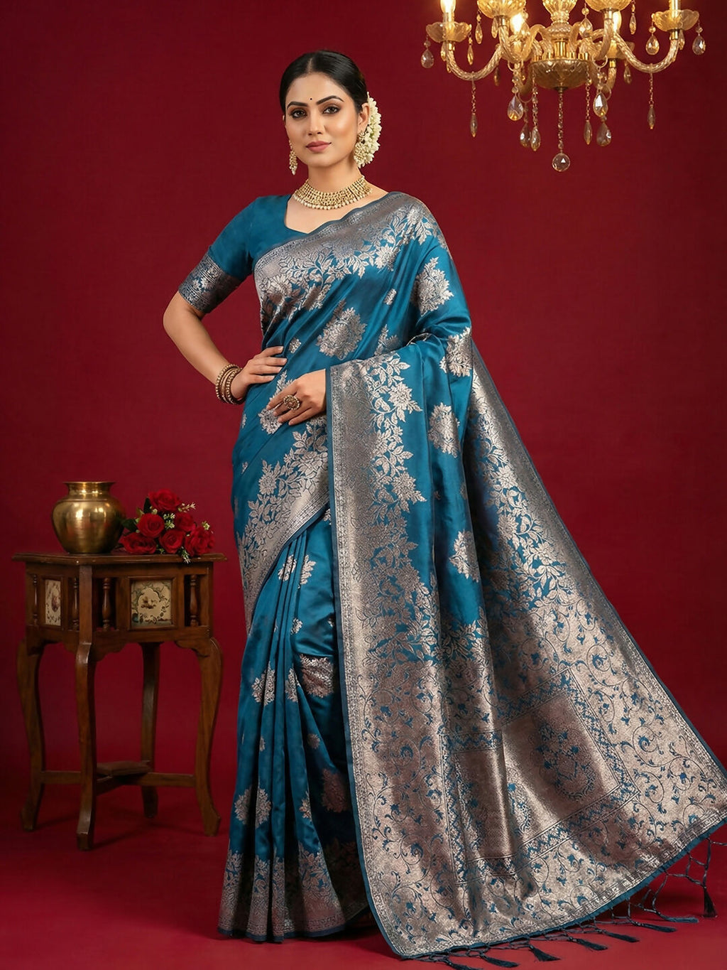 Teal blue silk blend saree with a subtle sheen and matching blouse