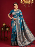 Teal blue silk blend saree with a subtle sheen and matching blouse