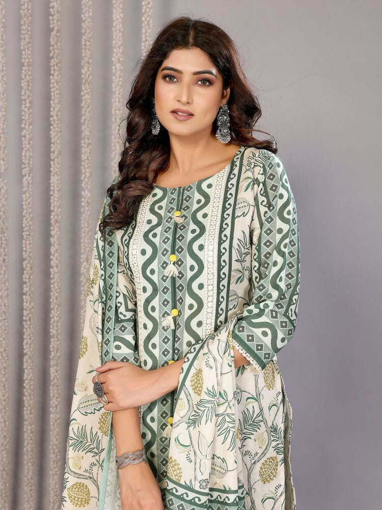 Off White and Forest Green Printed Linen Kurta Set