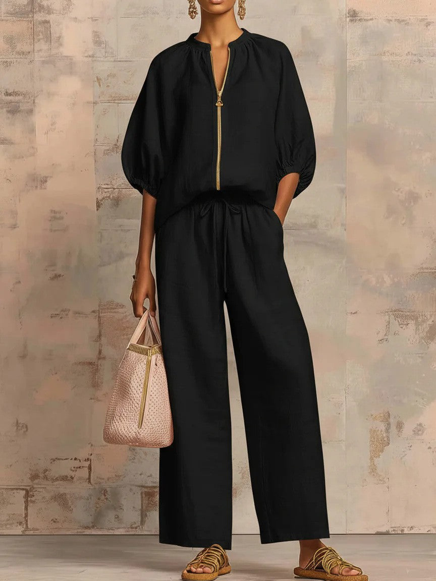 Women's Casual Loose Zipper Round Neck Wide-Leg Pants Two-Piece Set