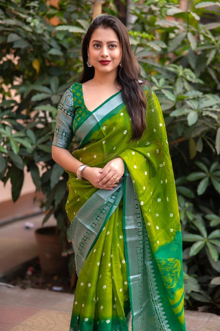 Green Jute Silk Ethnic Bandhani Print Saree with Broaso Border