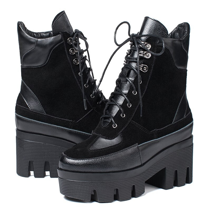Women's Black Cow Leather Chunky Platform Lace-Up Ankle Boots - Image 2
