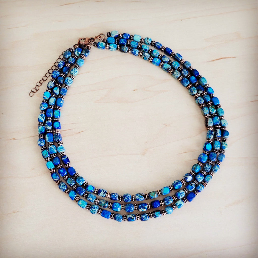 Triple Strand Layered Boho Denim Regalite Necklace 264k