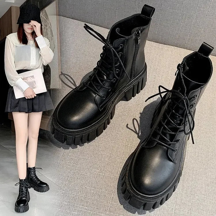Women's Chunky Platform Ankle Boots - Black & White Lace-Up Style - Image 2