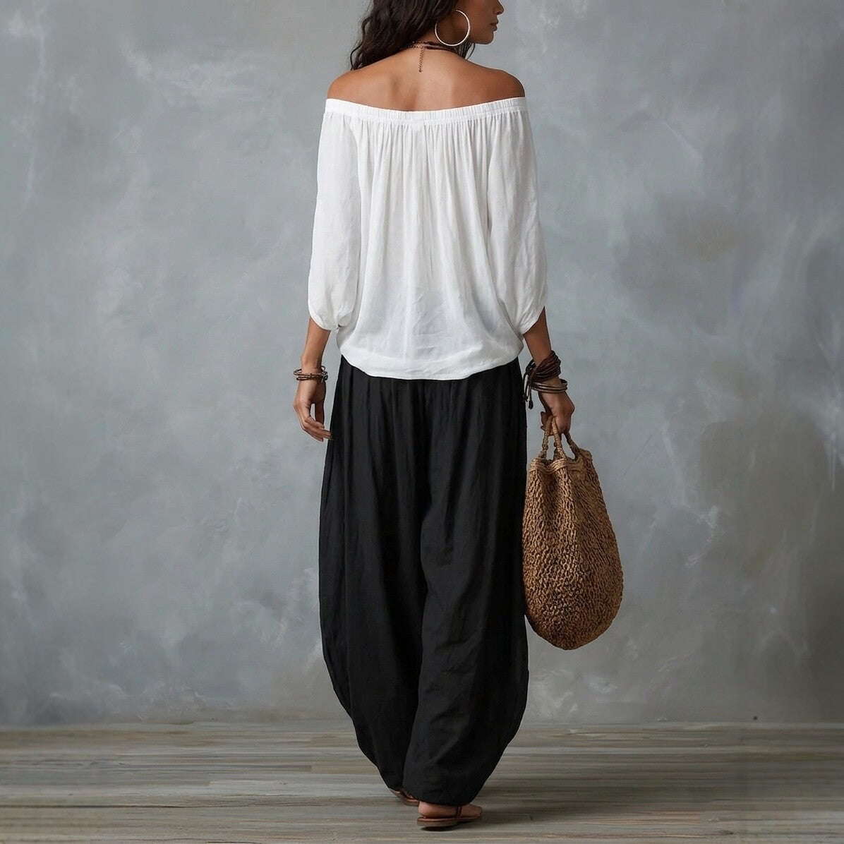 Women's One-Shoulder Cotton Two-Piece Set – Relaxed Wide-Leg Outfit