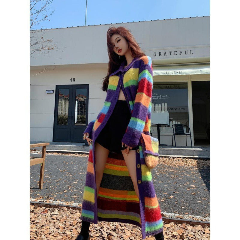 Vibrant Rainbow Striped Knit Cardigan Sweater Coat for Women - Image 2
