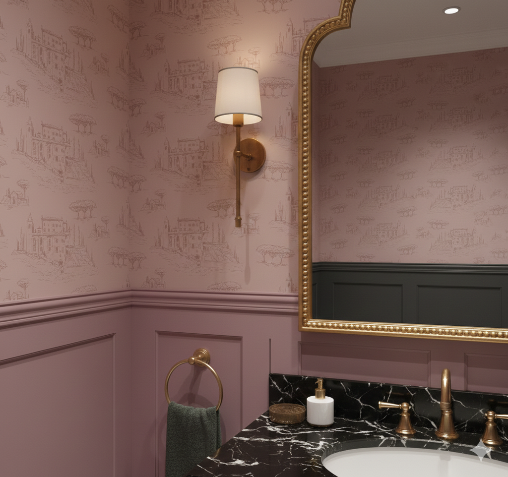 Elegant European-classical wallpaper in pink, cream, and blue hues.