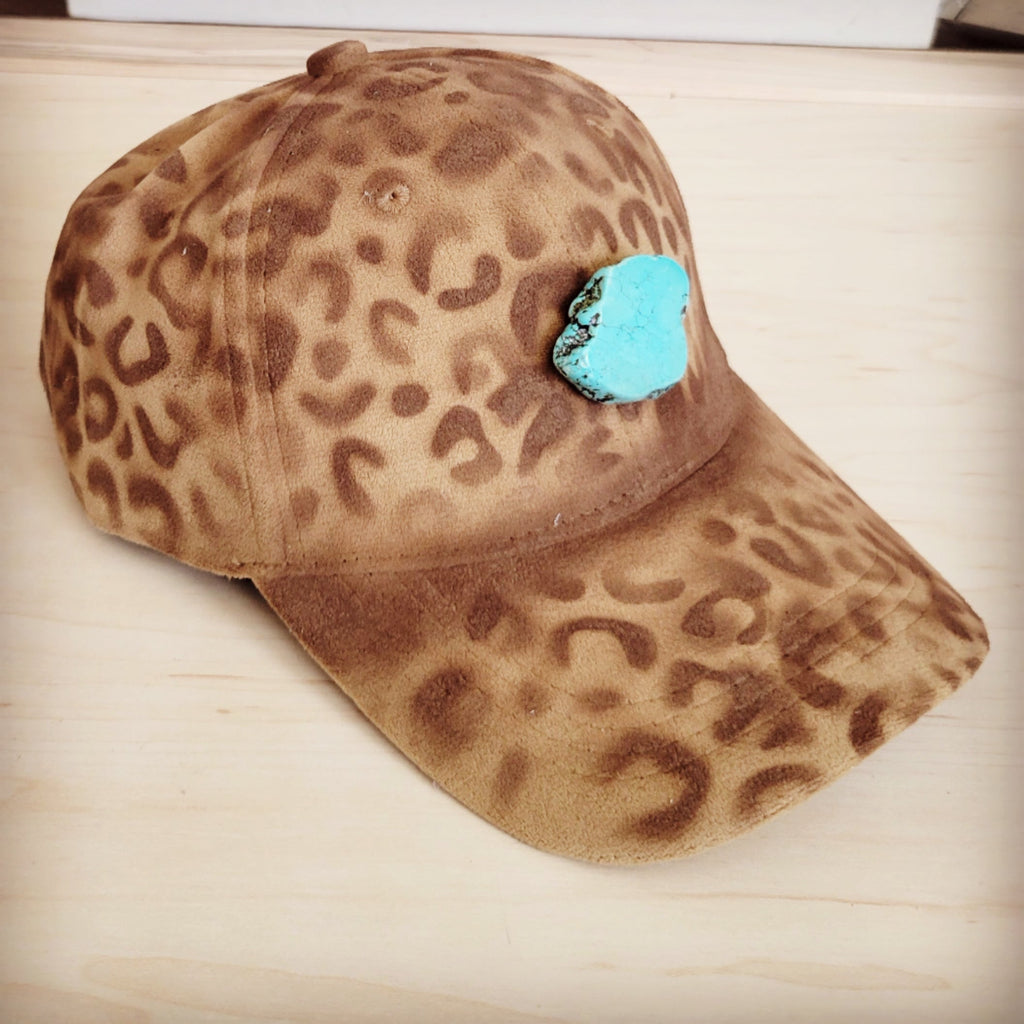 Hand-Painted Leopard Suede Baseball Cap with Turquoise Detail - Image 3