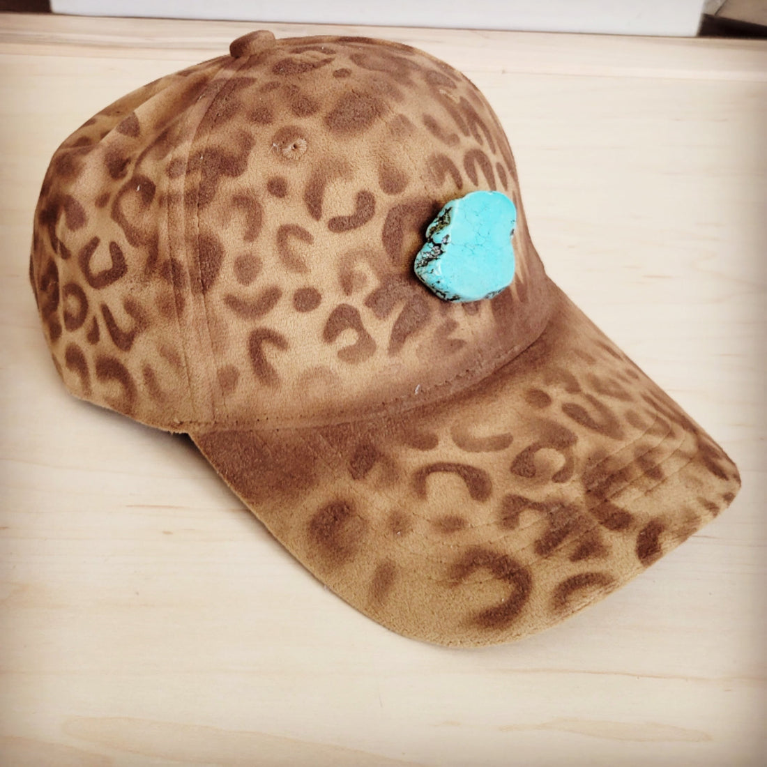 Hand-Painted Leopard Suede Baseball Cap with Turquoise Detail - Image 3