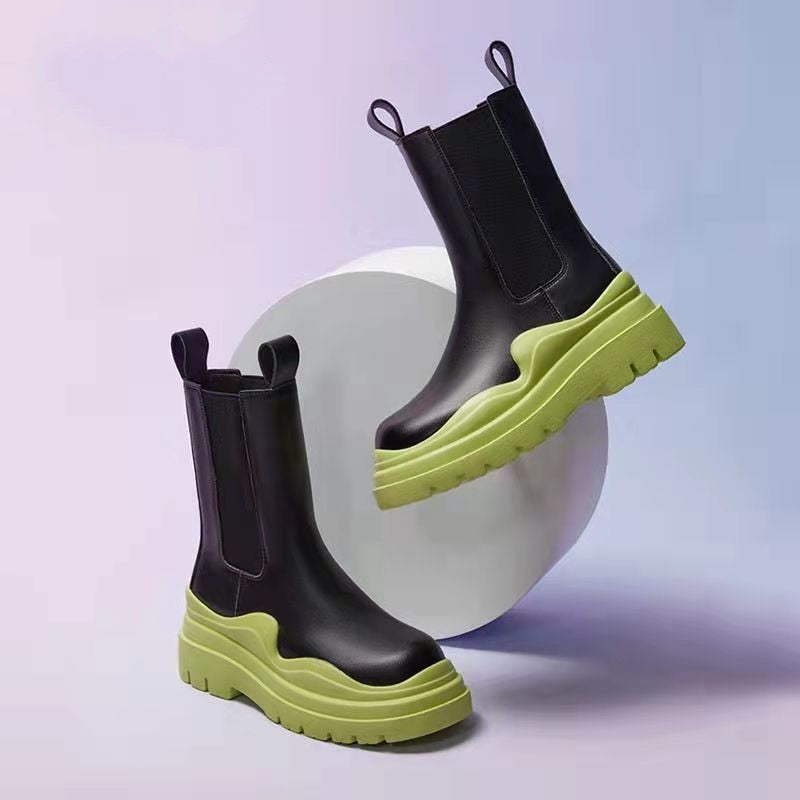 Women's Mid-Calf Chelsea Boots with Chunky Neon Green Sole - Image 2